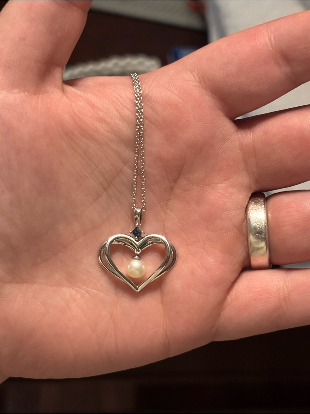 Vera Wang Silver Heart Necklace with White Pearl and Blue Accent